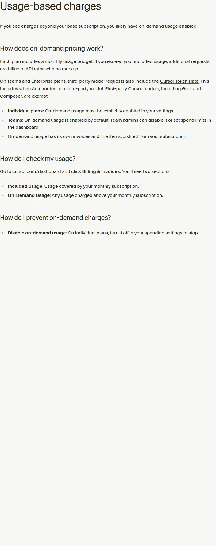 The Cursor help page on usage-based charges, captured 2026-09-22, describing on-demand usage billed at the same API rates and a spend limit that can be set.