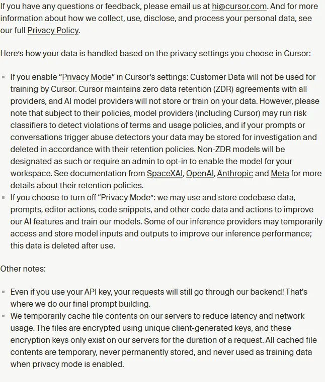 Cursor's data use page, captured 2026-09-22, describing Privacy Mode with the training and zero retention statements for the on and off states.