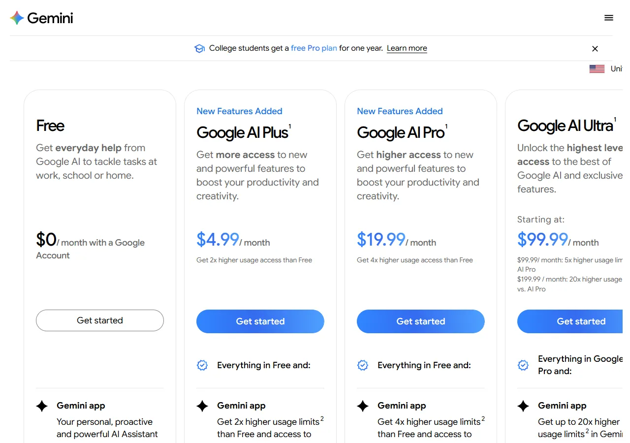 Google AI plan cards on the Gemini about page, captured 2026-09-27: the Free card at $0 per month with a Google Account, the Google AI Plus card at $4.99 per month with 2x higher usage access than Free, and the Google AI Pro card at $19.99 per month with 4x higher usage access than Free; the Ultra card is cut off at the right edge of the frame.