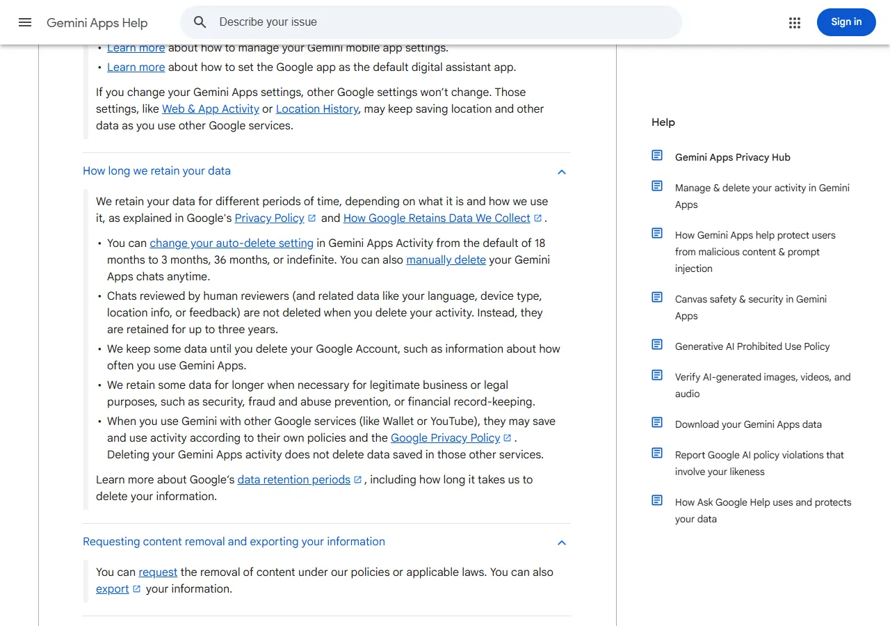 Gemini Apps Privacy Hub, captured 2026-09-27, section How long we retain your data: auto-delete defaults to 18 months and can be changed to 3 months, 36 months, or indefinite; chats reviewed by human reviewers and related data are not deleted when you delete your activity and are retained for up to three years.