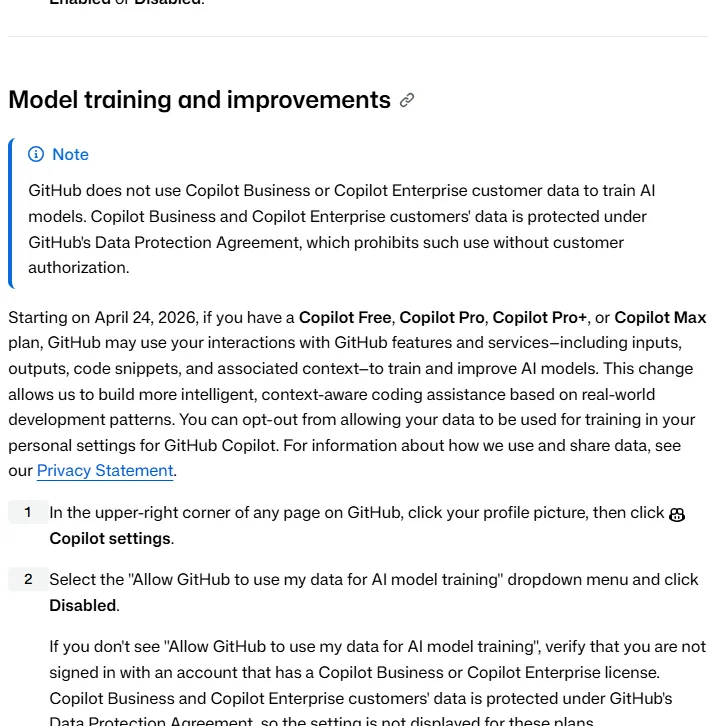 GitHub's Copilot policy settings document, captured 2026-09-24, stating that individual Free, Pro, Pro+ and Max interactions may be used for AI model training starting April 24, 2026 with an opt-out setting, and that Business and Enterprise customer data is not used to train AI models and is protected under the Data Protection Agreement.