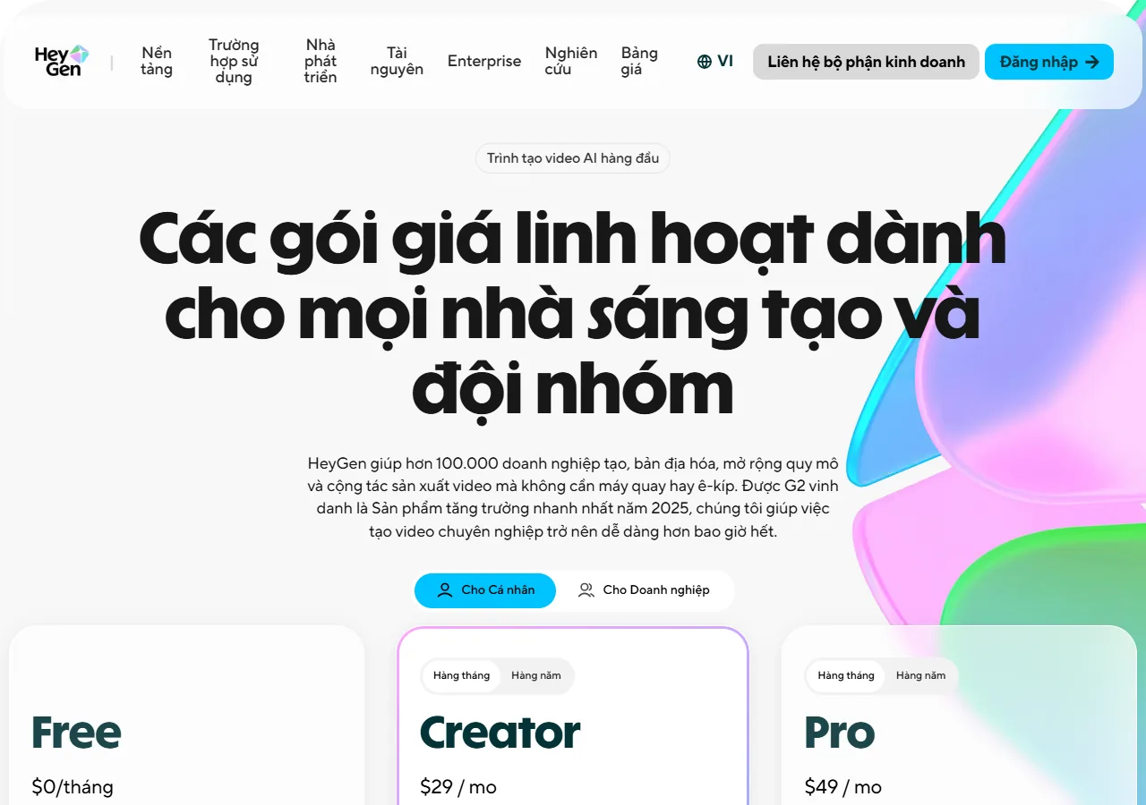 HeyGen's pricing page, captured 2026-09-25, showing the Free card at $0 per month, the Creator card at $29 per month, and the Pro card at $49 per month, with a monthly and yearly billing toggle above the cards.