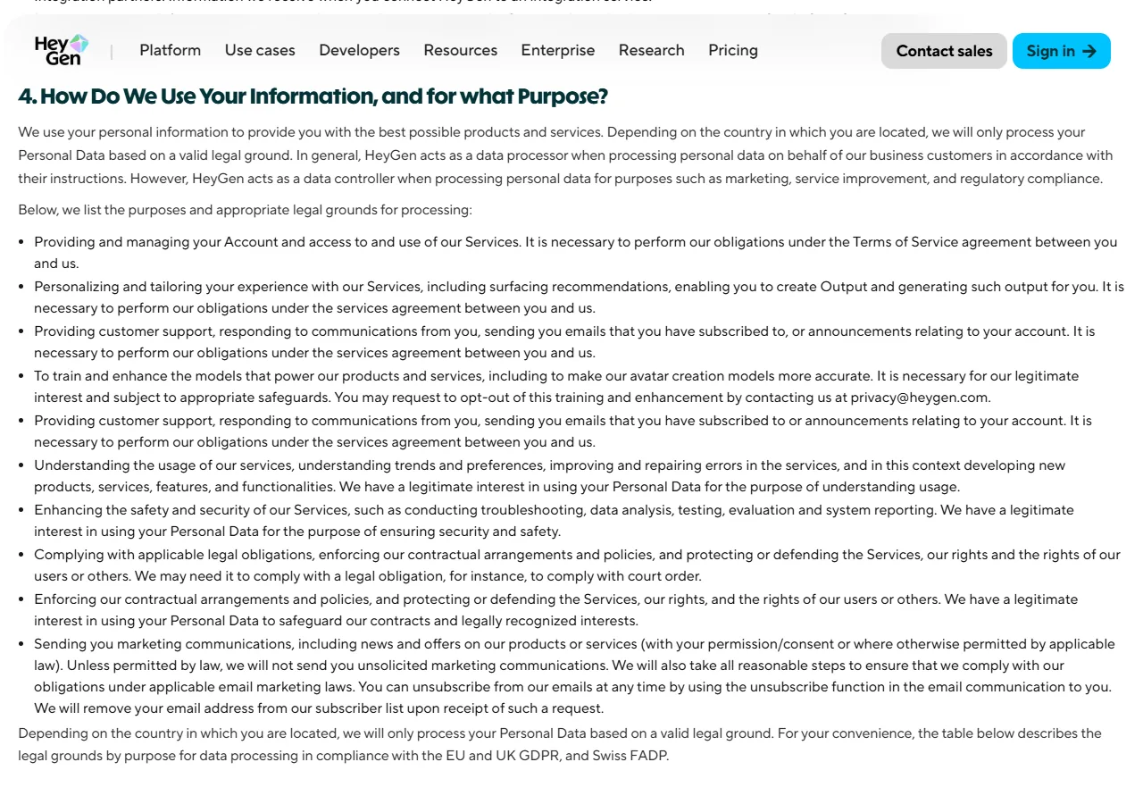 Section 4 of the HeyGen Privacy Policy, captured 2026-09-25, containing the sentence that HeyGen may use the input you provide to improve its services, for example to train and enhance the models that power its Services, and the sentence that you may request to opt out of this training and enhancement by contacting HeyGen.