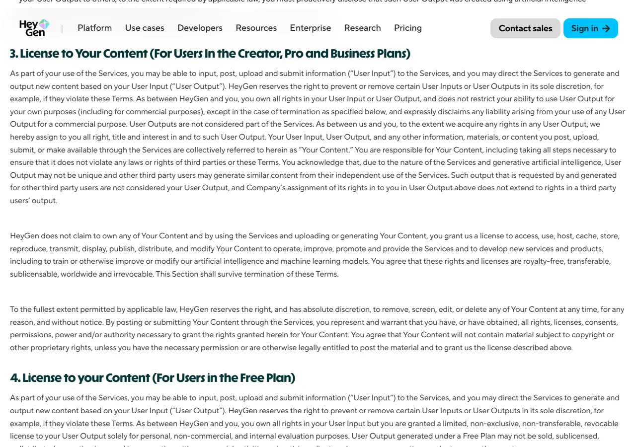 Sections 3 and 4 of HeyGen's Terms of Service, captured 2026-09-25: section 3 covers Member Content for Creator, Pro and Business plans and includes the sentence stating that as between HeyGen and you, you own all rights in your User Input or User Output, and section 4 covers Member Content for the Free plan.