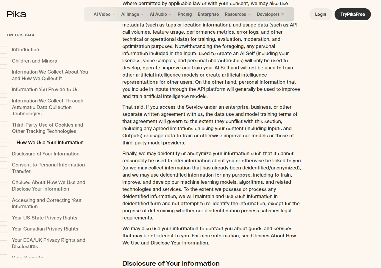 Pika Privacy Policy, captured 2026-09-27, stating that where permitted by applicable law or with your consent, Pika may also use content you submit, including Inputs and Outputs, to improve its artificial intelligence models and related technologies.