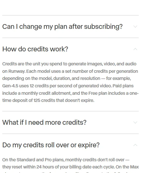 Runway's pricing page FAQ, captured 2026-09-22, stating credits are the unit spent on image, video and audio generation, that Gen-4.5 uses 12 credits per second of video, that the free plan is a one-time 125 credits that do not expire, and that Standard and Pro monthly credits reset within 24 hours of the billing date.