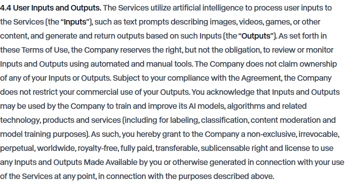 Section 4.4 of Runway's Terms of Use, captured 2026-09-22, stating Runway does not claim ownership of your inputs or outputs, does not restrict commercial use of outputs, and that inputs and outputs may be used to train and improve AI models under a non-exclusive perpetual license.